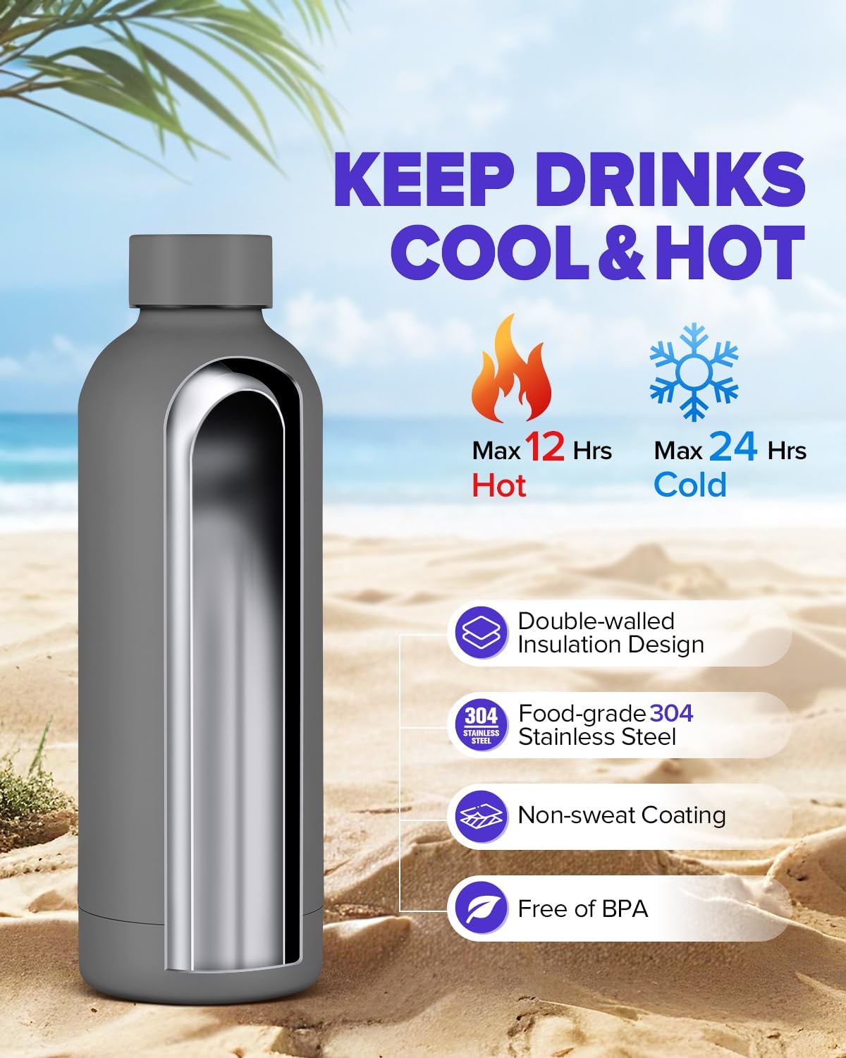 Stainless Steel Insulated Water Bottle no straw for Travel, Gym, 25oz, White