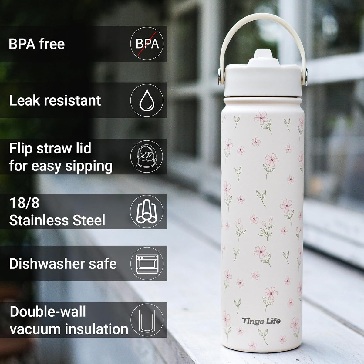 25oz Insulated Stainless Steel Aesthetic Cute Water Bottle - 2 Lids Included (Straw + Sport Handle), Leakproof BPA-Free, Dreamy Cream Cute Floral Design, Perfect Gym/Yoga/Office Companion