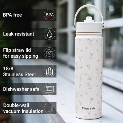 25oz Insulated Stainless Steel Aesthetic Cute Water Bottle - 2 Lids Included (Straw + Sport Handle), Leakproof BPA-Free, Dreamy Cream Cute Floral Design, Perfect Gym/Yoga/Office Companion