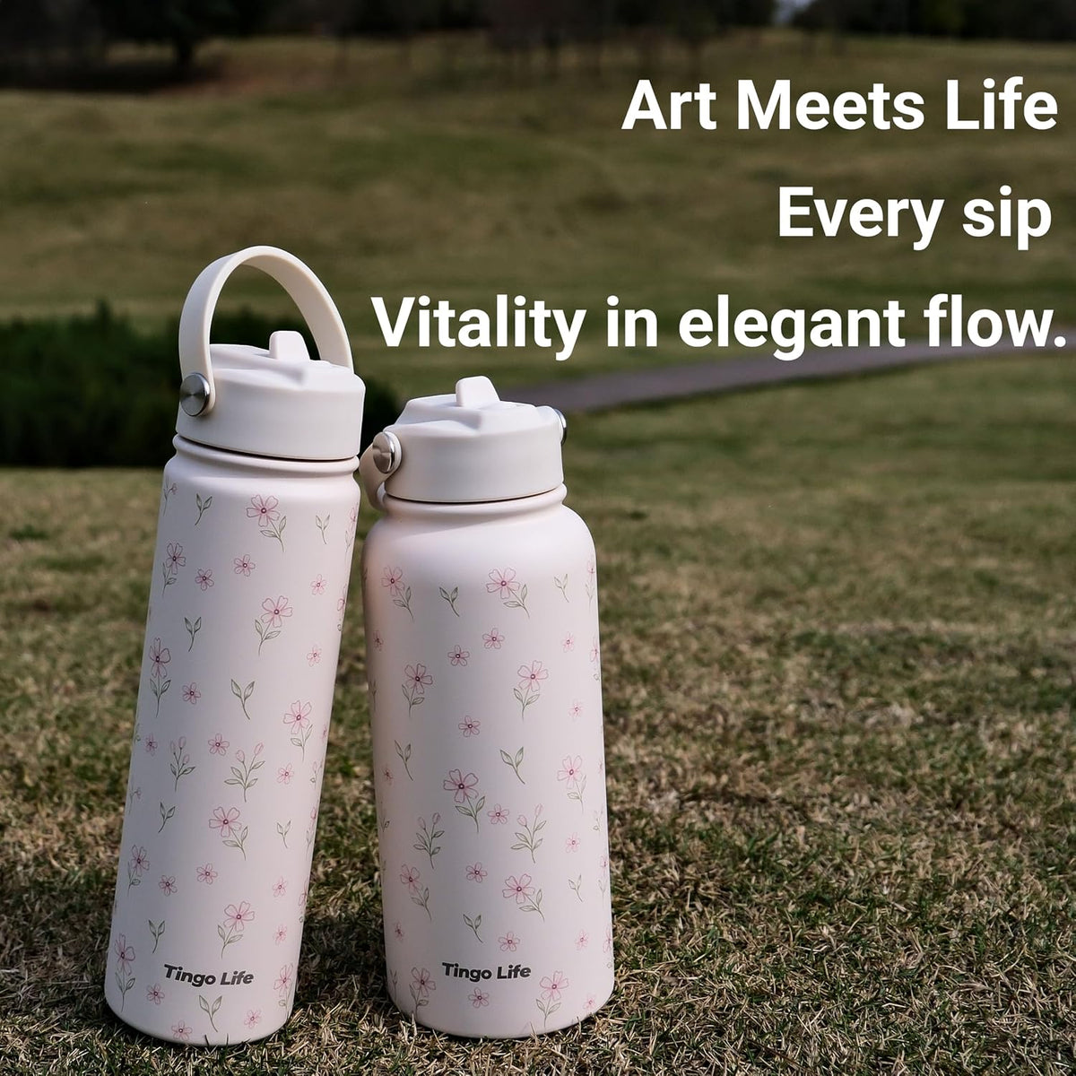 25oz Insulated Stainless Steel Aesthetic Cute Water Bottle - 2 Lids Included (Straw + Sport Handle), Leakproof BPA-Free, Dreamy Cream Cute Floral Design, Perfect Gym/Yoga/Office Companion