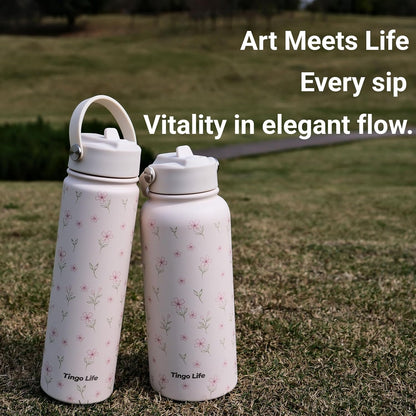 25oz Insulated Stainless Steel Aesthetic Cute Water Bottle - 2 Lids Included (Straw + Sport Handle), Leakproof BPA-Free, Dreamy Cream Cute Floral Design, Perfect Gym/Yoga/Office Companion