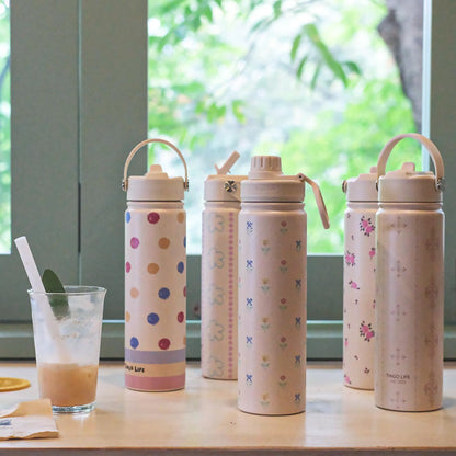 25oz Insulated Stainless Steel Aesthetic Cute Water Bottle - 2 Lids Included (Straw + Sport Handle), Leakproof BPA-Free, Dreamy Cream Cute Floral Design, Perfect Gym/Yoga/Office Companion