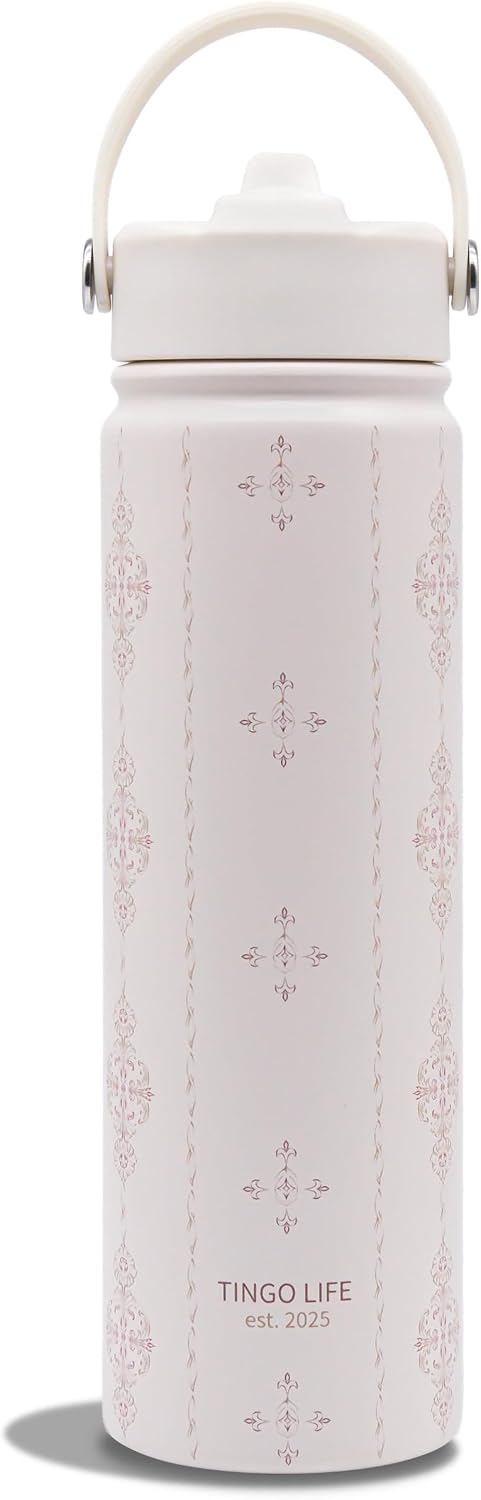 25oz Insulated Stainless Steel Aesthetic Cute Water Bottle - 2 Lids Included (Straw + Sport Handle), Leakproof BPA-Free, Dreamy Cream Cute Floral Design, Perfect Gym/Yoga/Office Companion