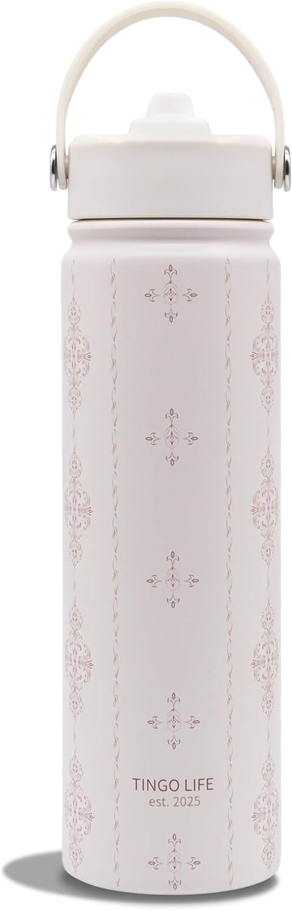 25oz Insulated Stainless Steel Aesthetic Cute Water Bottle - 2 Lids Included (Straw + Sport Handle), Leakproof BPA-Free, Dreamy Cream Cute Floral Design, Perfect Gym/Yoga/Office Companion