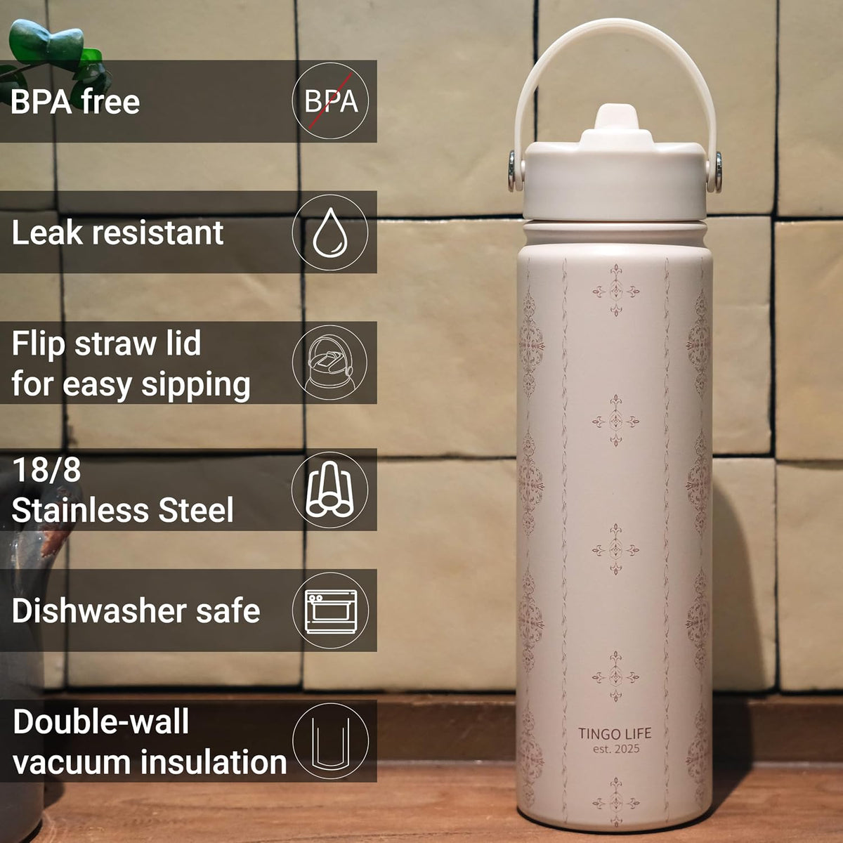 25oz Insulated Stainless Steel Aesthetic Cute Water Bottle - 2 Lids Included (Straw + Sport Handle), Leakproof BPA-Free, Dreamy Cream Cute Floral Design, Perfect Gym/Yoga/Office Companion