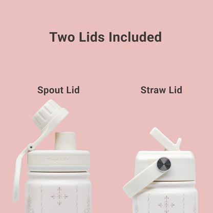 25oz Insulated Stainless Steel Aesthetic Cute Water Bottle - 2 Lids Included (Straw + Sport Handle), Leakproof BPA-Free, Dreamy Cream Cute Floral Design, Perfect Gym/Yoga/Office Companion
