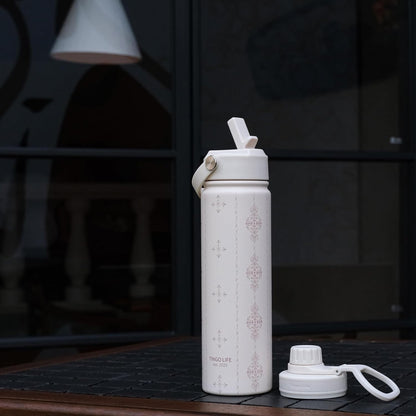 25oz Insulated Stainless Steel Aesthetic Cute Water Bottle - 2 Lids Included (Straw + Sport Handle), Leakproof BPA-Free, Dreamy Cream Cute Floral Design, Perfect Gym/Yoga/Office Companion