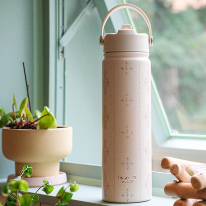 25oz Insulated Stainless Steel Aesthetic Cute Water Bottle - 2 Lids Included (Straw + Sport Handle), Leakproof BPA-Free, Dreamy Cream Cute Floral Design, Perfect Gym/Yoga/Office Companion