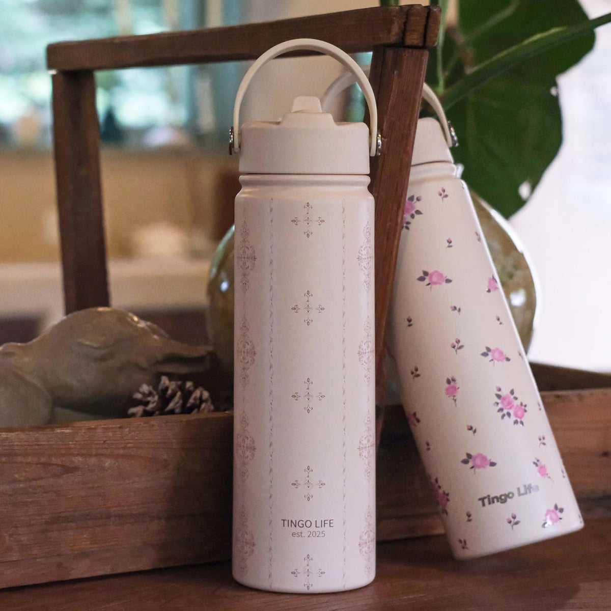 25oz Insulated Stainless Steel Aesthetic Cute Water Bottle - 2 Lids Included (Straw + Sport Handle), Leakproof BPA-Free, Dreamy Cream Cute Floral Design, Perfect Gym/Yoga/Office Companion