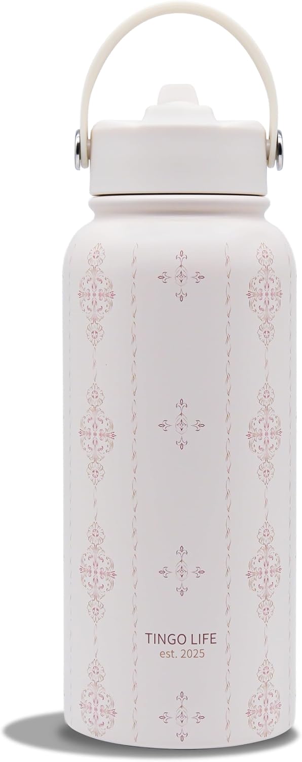 25oz Insulated Stainless Steel Aesthetic Cute Water Bottle - 2 Lids Included (Straw + Sport Handle), Leakproof BPA-Free, Dreamy Cream Cute Floral Design, Perfect Gym/Yoga/Office Companion