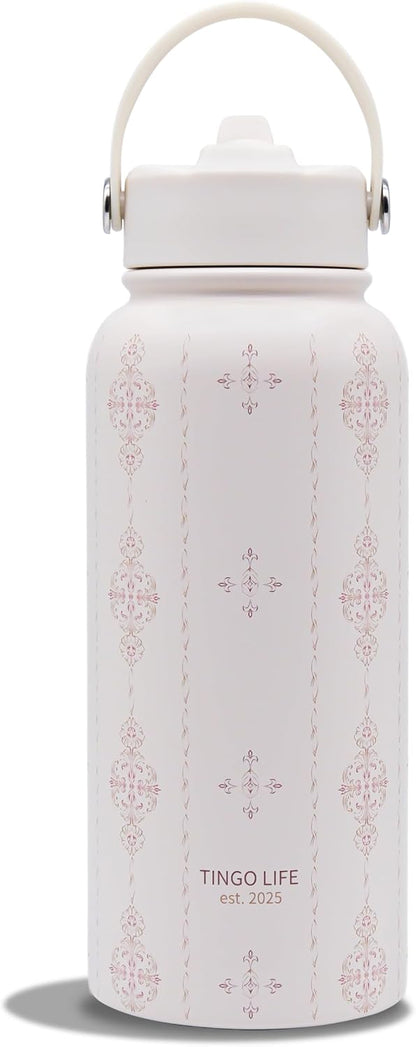 25oz Insulated Stainless Steel Aesthetic Cute Water Bottle - 2 Lids Included (Straw + Sport Handle), Leakproof BPA-Free, Dreamy Cream Cute Floral Design, Perfect Gym/Yoga/Office Companion