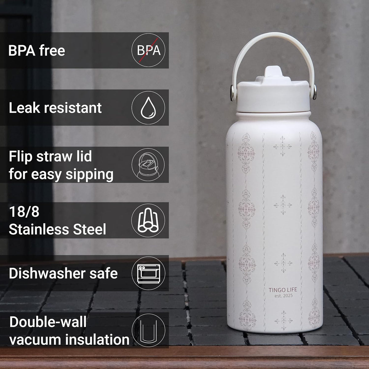 25oz Insulated Stainless Steel Aesthetic Cute Water Bottle - 2 Lids Included (Straw + Sport Handle), Leakproof BPA-Free, Dreamy Cream Cute Floral Design, Perfect Gym/Yoga/Office Companion