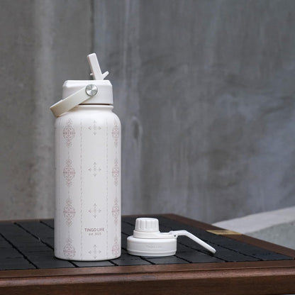 25oz Insulated Stainless Steel Aesthetic Cute Water Bottle - 2 Lids Included (Straw + Sport Handle), Leakproof BPA-Free, Dreamy Cream Cute Floral Design, Perfect Gym/Yoga/Office Companion