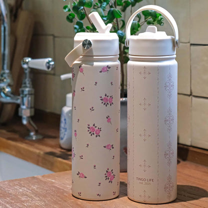 25oz Insulated Stainless Steel Aesthetic Cute Water Bottle - 2 Lids Included (Straw + Sport Handle), Leakproof BPA-Free, Dreamy Cream Cute Floral Design, Perfect Gym/Yoga/Office Companion