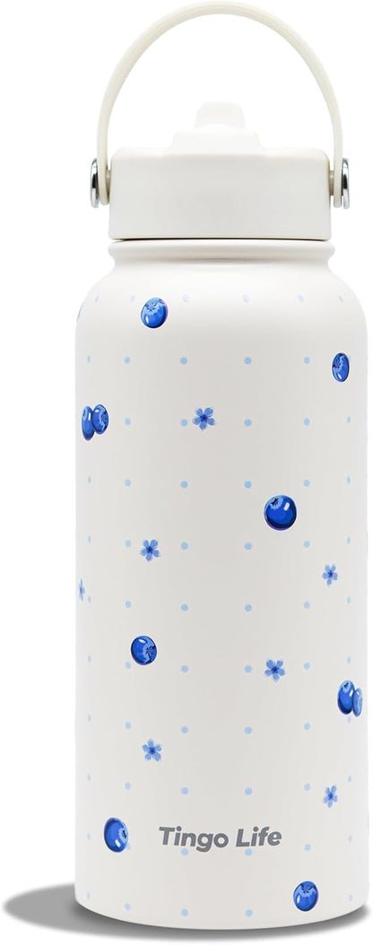 25oz Insulated Stainless Steel Aesthetic Cute Water Bottle - 2 Lids Included (Straw + Sport Handle), Leakproof BPA-Free, Dreamy Cream Cute Floral Design, Perfect Gym/Yoga/Office Companion