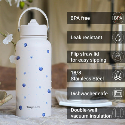 25oz Insulated Stainless Steel Aesthetic Cute Water Bottle - 2 Lids Included (Straw + Sport Handle), Leakproof BPA-Free, Dreamy Cream Cute Floral Design, Perfect Gym/Yoga/Office Companion
