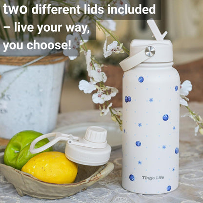 25oz Insulated Stainless Steel Aesthetic Cute Water Bottle - 2 Lids Included (Straw + Sport Handle), Leakproof BPA-Free, Dreamy Cream Cute Floral Design, Perfect Gym/Yoga/Office Companion
