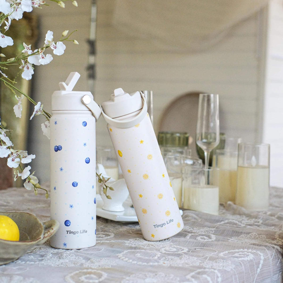 25oz Insulated Stainless Steel Aesthetic Cute Water Bottle - 2 Lids Included (Straw + Sport Handle), Leakproof BPA-Free, Dreamy Cream Cute Floral Design, Perfect Gym/Yoga/Office Companion