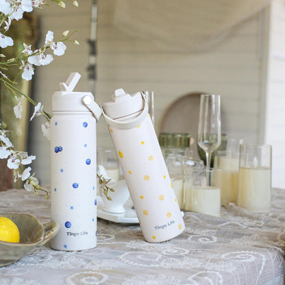 25oz Insulated Stainless Steel Aesthetic Cute Water Bottle - 2 Lids Included (Straw + Sport Handle), Leakproof BPA-Free, Dreamy Cream Cute Floral Design, Perfect Gym/Yoga/Office Companion