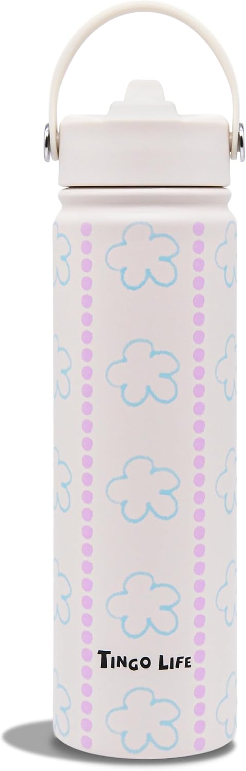 25oz Insulated Stainless Steel Aesthetic Cute Water Bottle - 2 Lids Included (Straw + Sport Handle), Leakproof BPA-Free, Dreamy Cream Cute Floral Design, Perfect Gym/Yoga/Office Companion