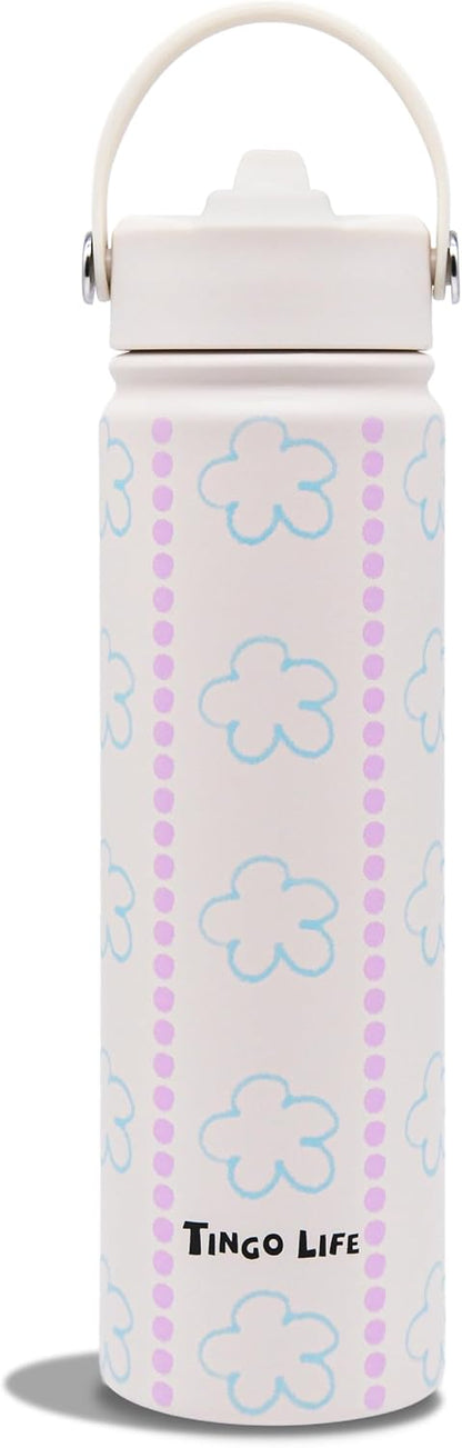 25oz Insulated Stainless Steel Aesthetic Cute Water Bottle - 2 Lids Included (Straw + Sport Handle), Leakproof BPA-Free, Dreamy Cream Cute Floral Design, Perfect Gym/Yoga/Office Companion