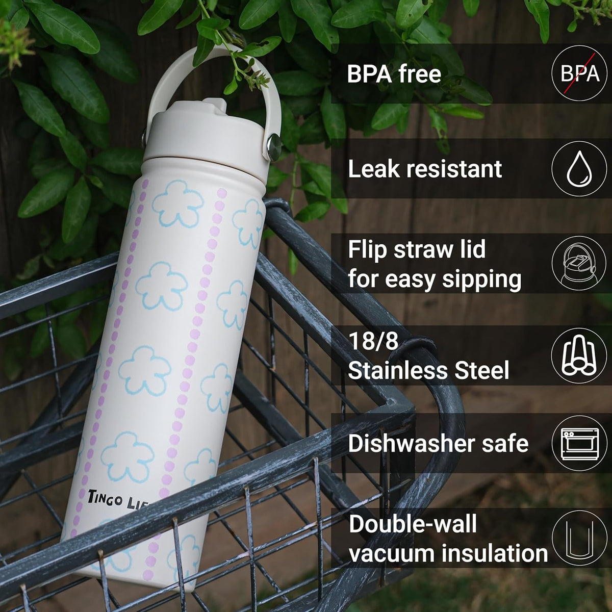 25oz Insulated Stainless Steel Aesthetic Cute Water Bottle - 2 Lids Included (Straw + Sport Handle), Leakproof BPA-Free, Dreamy Cream Cute Floral Design, Perfect Gym/Yoga/Office Companion