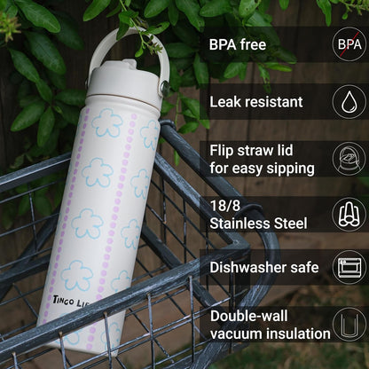 25oz Insulated Stainless Steel Aesthetic Cute Water Bottle - 2 Lids Included (Straw + Sport Handle), Leakproof BPA-Free, Dreamy Cream Cute Floral Design, Perfect Gym/Yoga/Office Companion