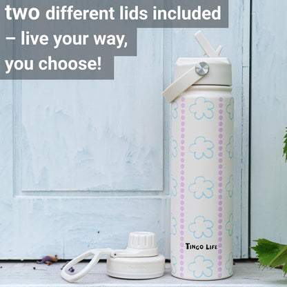 25oz Insulated Stainless Steel Aesthetic Cute Water Bottle - 2 Lids Included (Straw + Sport Handle), Leakproof BPA-Free, Dreamy Cream Cute Floral Design, Perfect Gym/Yoga/Office Companion