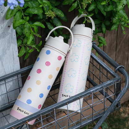 25oz Insulated Stainless Steel Aesthetic Cute Water Bottle - 2 Lids Included (Straw + Sport Handle), Leakproof BPA-Free, Dreamy Cream Cute Floral Design, Perfect Gym/Yoga/Office Companion