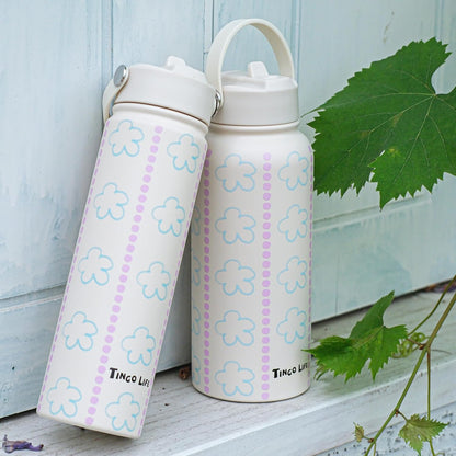 25oz Insulated Stainless Steel Aesthetic Cute Water Bottle - 2 Lids Included (Straw + Sport Handle), Leakproof BPA-Free, Dreamy Cream Cute Floral Design, Perfect Gym/Yoga/Office Companion