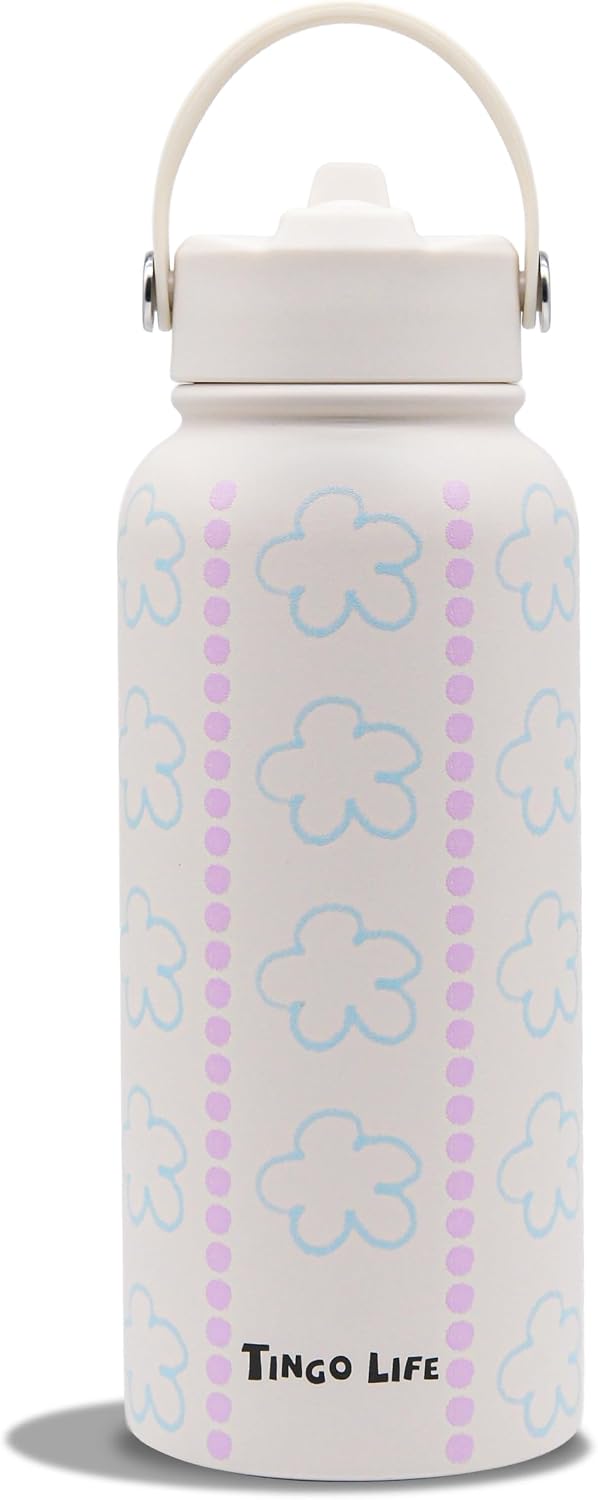 25oz Insulated Stainless Steel Aesthetic Cute Water Bottle - 2 Lids Included (Straw + Sport Handle), Leakproof BPA-Free, Dreamy Cream Cute Floral Design, Perfect Gym/Yoga/Office Companion