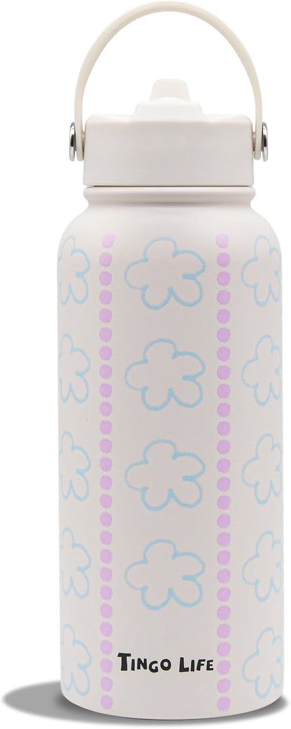 25oz Insulated Stainless Steel Aesthetic Cute Water Bottle - 2 Lids Included (Straw + Sport Handle), Leakproof BPA-Free, Dreamy Cream Cute Floral Design, Perfect Gym/Yoga/Office Companion