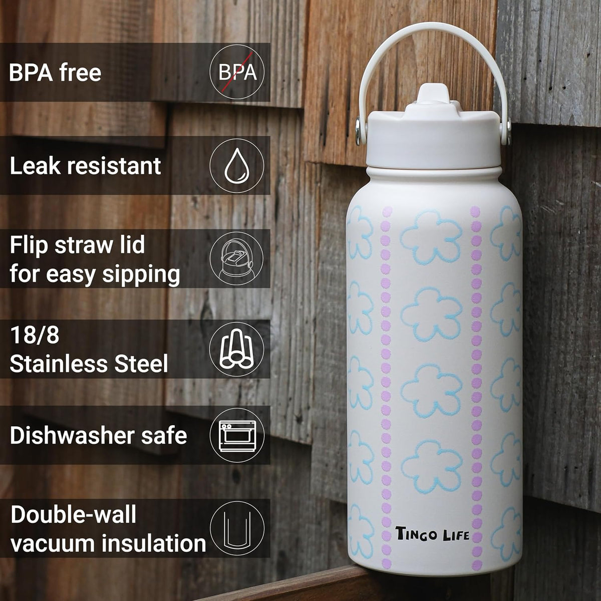 25oz Insulated Stainless Steel Aesthetic Cute Water Bottle - 2 Lids Included (Straw + Sport Handle), Leakproof BPA-Free, Dreamy Cream Cute Floral Design, Perfect Gym/Yoga/Office Companion