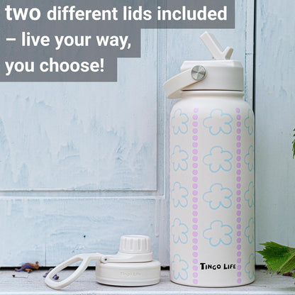 25oz Insulated Stainless Steel Aesthetic Cute Water Bottle - 2 Lids Included (Straw + Sport Handle), Leakproof BPA-Free, Dreamy Cream Cute Floral Design, Perfect Gym/Yoga/Office Companion