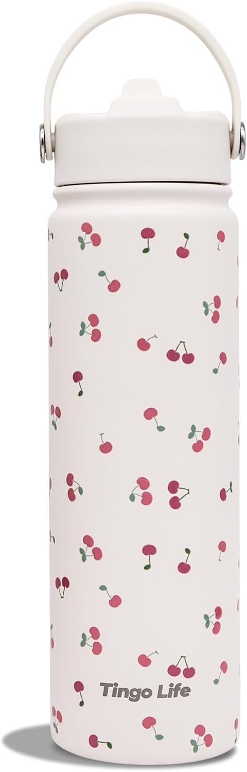 25oz Insulated Stainless Steel Aesthetic Cute Water Bottle - 2 Lids Included (Straw + Sport Handle), Leakproof BPA-Free, Dreamy Cream Cute Floral Design, Perfect Gym/Yoga/Office Companion