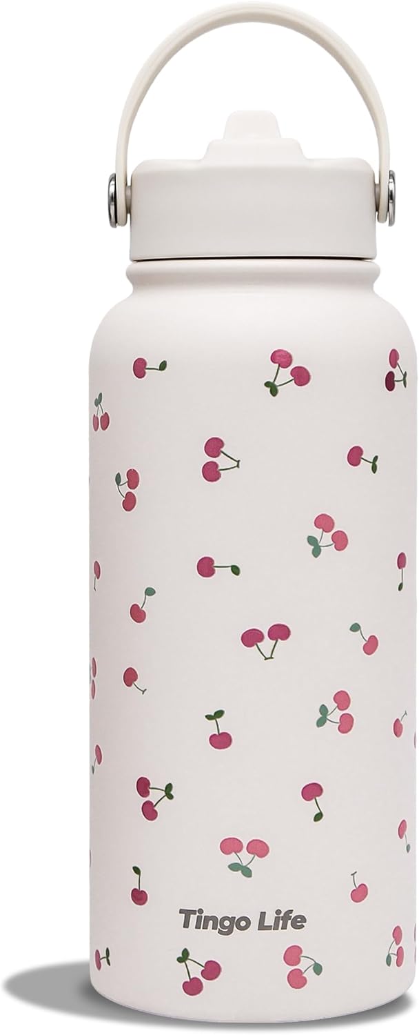 25oz Insulated Stainless Steel Aesthetic Cute Water Bottle - 2 Lids Included (Straw + Sport Handle), Leakproof BPA-Free, Dreamy Cream Cute Floral Design, Perfect Gym/Yoga/Office Companion