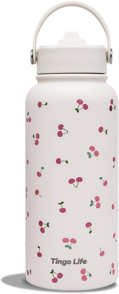 25oz Insulated Stainless Steel Aesthetic Cute Water Bottle - 2 Lids Included (Straw + Sport Handle), Leakproof BPA-Free, Dreamy Cream Cute Floral Design, Perfect Gym/Yoga/Office Companion