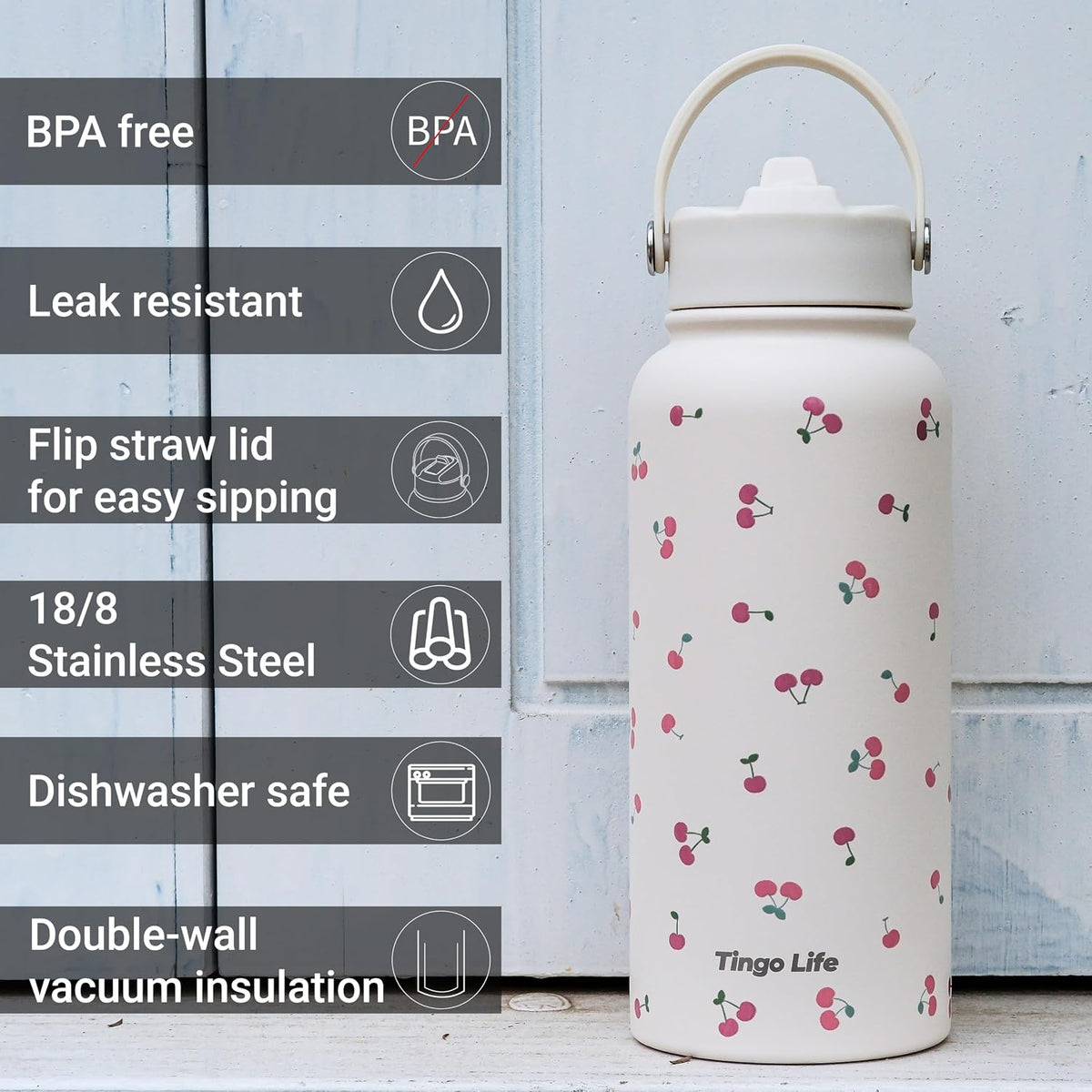 25oz Insulated Stainless Steel Aesthetic Cute Water Bottle - 2 Lids Included (Straw + Sport Handle), Leakproof BPA-Free, Dreamy Cream Cute Floral Design, Perfect Gym/Yoga/Office Companion
