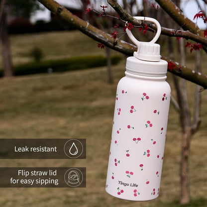 25oz Insulated Stainless Steel Aesthetic Cute Water Bottle - 2 Lids Included (Straw + Sport Handle), Leakproof BPA-Free, Dreamy Cream Cute Floral Design, Perfect Gym/Yoga/Office Companion