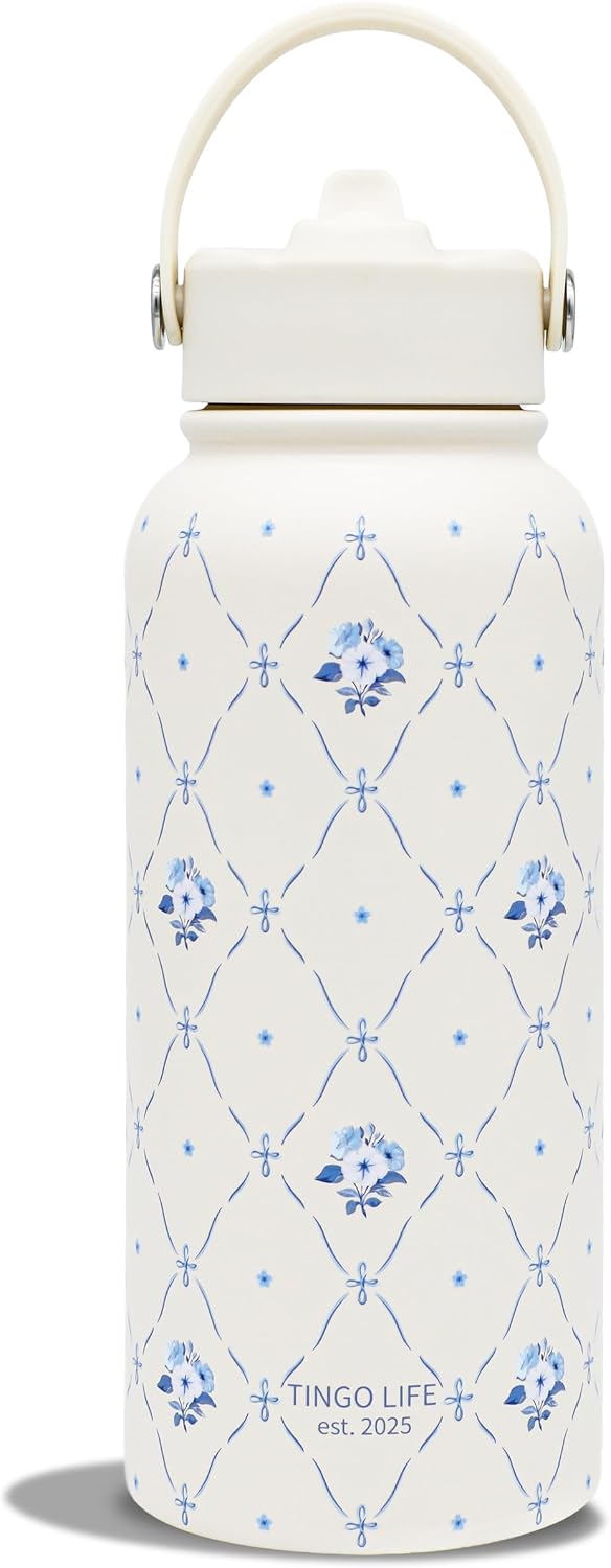 25oz Insulated Stainless Steel Aesthetic Cute Water Bottle - 2 Lids Included (Straw + Sport Handle), Leakproof BPA-Free, Dreamy Cream Cute Floral Design, Perfect Gym/Yoga/Office Companion