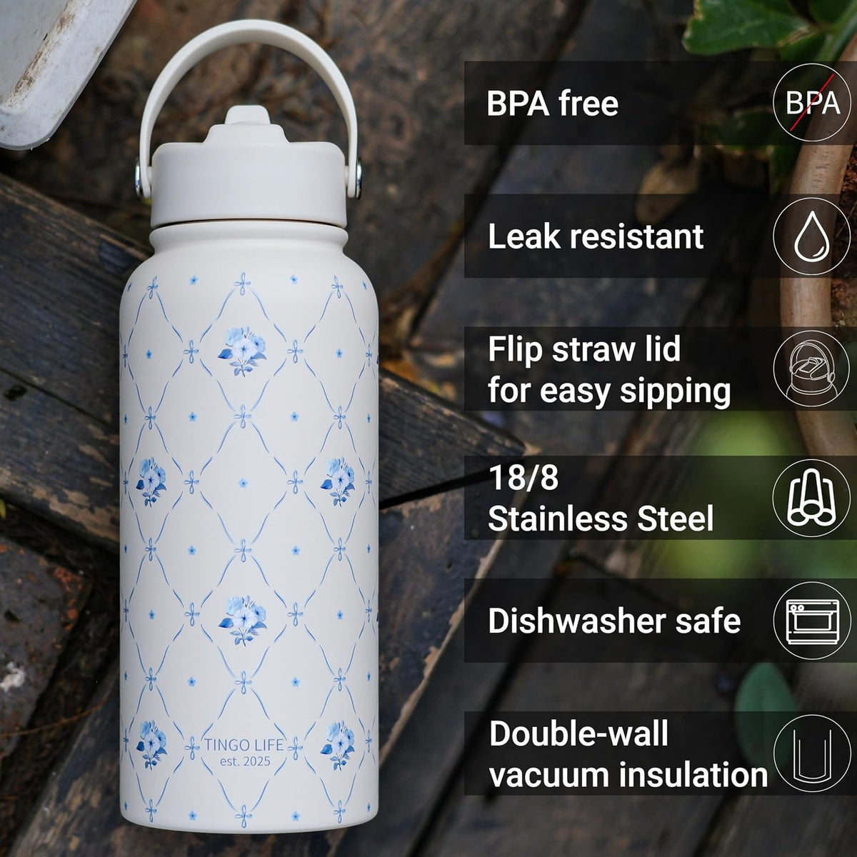 25oz Insulated Stainless Steel Aesthetic Cute Water Bottle - 2 Lids Included (Straw + Sport Handle), Leakproof BPA-Free, Dreamy Cream Cute Floral Design, Perfect Gym/Yoga/Office Companion