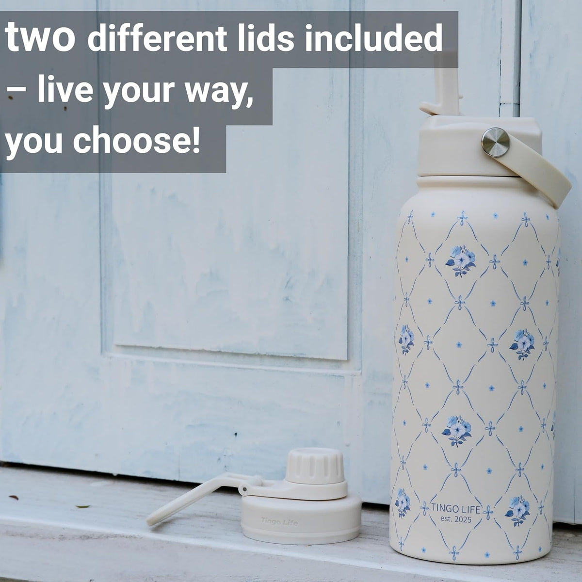 25oz Insulated Stainless Steel Aesthetic Cute Water Bottle - 2 Lids Included (Straw + Sport Handle), Leakproof BPA-Free, Dreamy Cream Cute Floral Design, Perfect Gym/Yoga/Office Companion