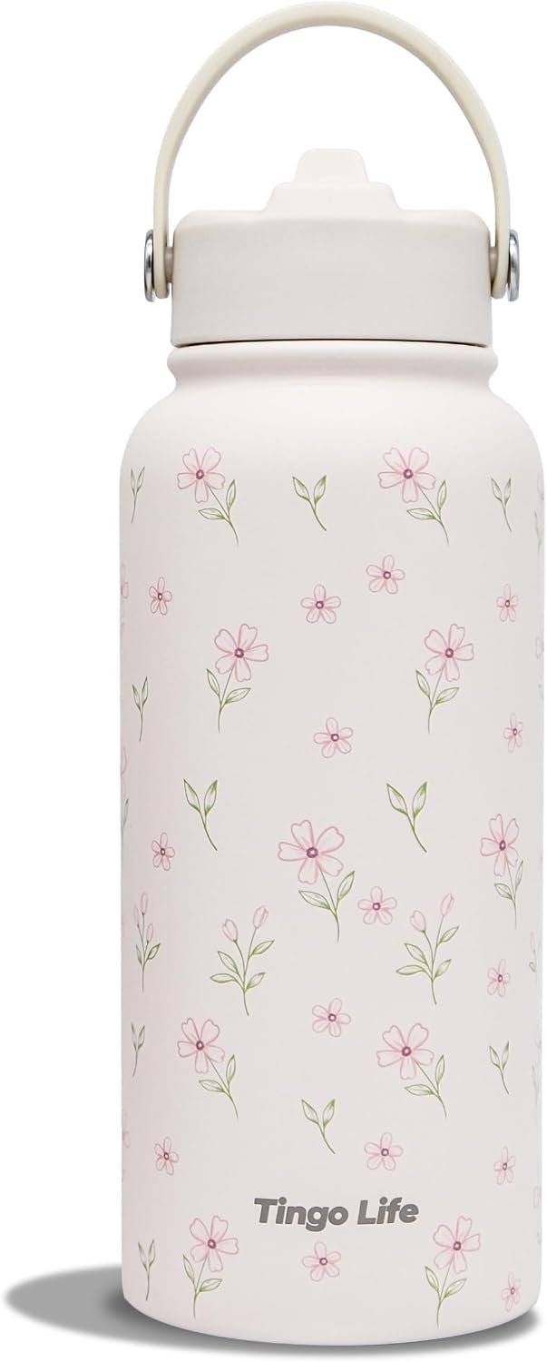 25oz Insulated Stainless Steel Aesthetic Cute Water Bottle - 2 Lids Included (Straw + Sport Handle), Leakproof BPA-Free, Dreamy Cream Cute Floral Design, Perfect Gym/Yoga/Office Companion