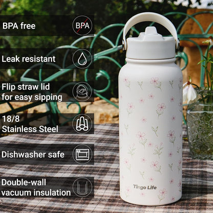 25oz Insulated Stainless Steel Aesthetic Cute Water Bottle - 2 Lids Included (Straw + Sport Handle), Leakproof BPA-Free, Dreamy Cream Cute Floral Design, Perfect Gym/Yoga/Office Companion
