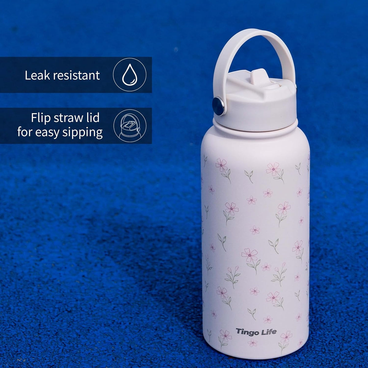 25oz Insulated Stainless Steel Aesthetic Cute Water Bottle - 2 Lids Included (Straw + Sport Handle), Leakproof BPA-Free, Dreamy Cream Cute Floral Design, Perfect Gym/Yoga/Office Companion