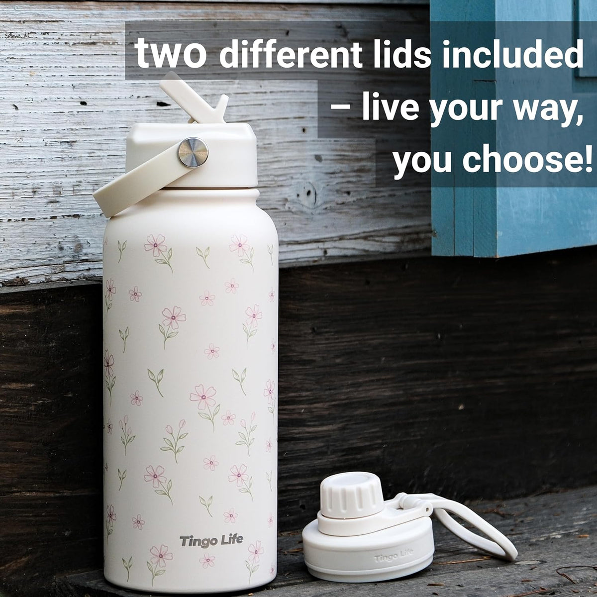 25oz Insulated Stainless Steel Aesthetic Cute Water Bottle - 2 Lids Included (Straw + Sport Handle), Leakproof BPA-Free, Dreamy Cream Cute Floral Design, Perfect Gym/Yoga/Office Companion