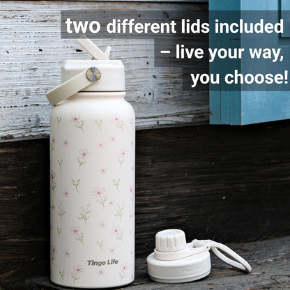 25oz Insulated Stainless Steel Aesthetic Cute Water Bottle - 2 Lids Included (Straw + Sport Handle), Leakproof BPA-Free, Dreamy Cream Cute Floral Design, Perfect Gym/Yoga/Office Companion