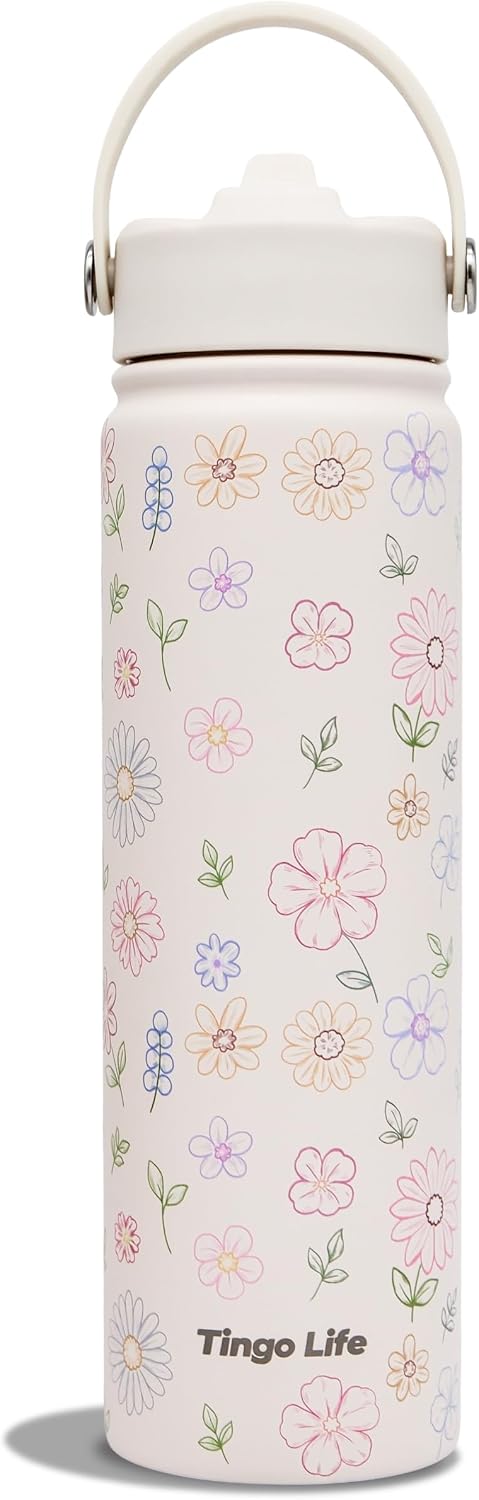 25oz Insulated Stainless Steel Aesthetic Cute Water Bottle - 2 Lids Included (Straw + Sport Handle), Leakproof BPA-Free, Dreamy Cream Cute Floral Design, Perfect Gym/Yoga/Office Companion