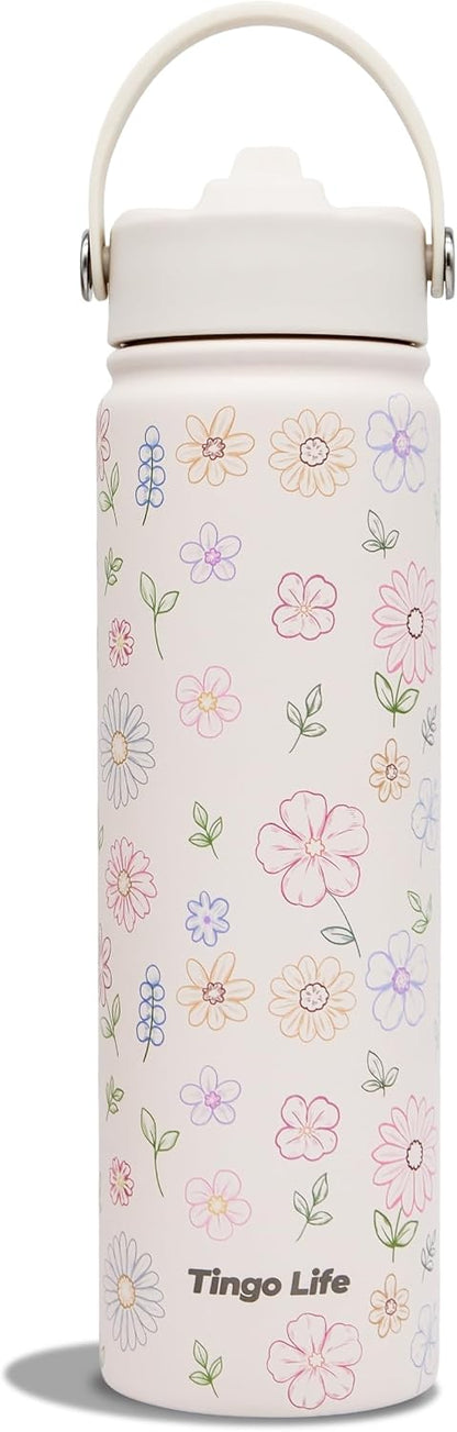 25oz Insulated Stainless Steel Aesthetic Cute Water Bottle - 2 Lids Included (Straw + Sport Handle), Leakproof BPA-Free, Dreamy Cream Cute Floral Design, Perfect Gym/Yoga/Office Companion
