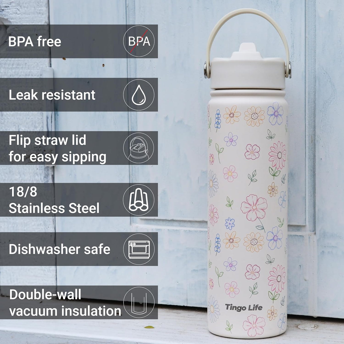 25oz Insulated Stainless Steel Aesthetic Cute Water Bottle - 2 Lids Included (Straw + Sport Handle), Leakproof BPA-Free, Dreamy Cream Cute Floral Design, Perfect Gym/Yoga/Office Companion